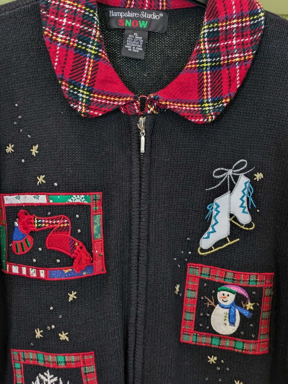 NEW Hampshire Studio Christmas Sweater XL Ramie Full Zip Snowman Plaid Tartan - Picture 3 of 8